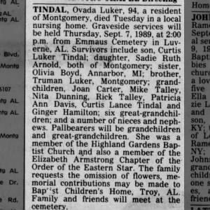 Obituary for Ovada TINDAL Luker