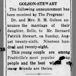 Stewart, Bernard Patrick (1905-1983) & Ida Belle Golson (1905-1975) - Marriage, 9.20.1928
