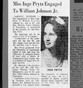 William Tipton Johnson Jr and Inge Prytz marriage, The Montgomery Advertiser (AL) 7 Jun 1970 pg 14