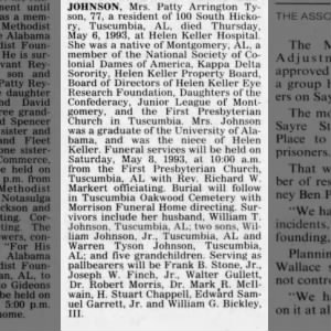 Patty Arrington Tyson obituary, The Montgomery Advertiser (AL) 8 May 1993 pg 48