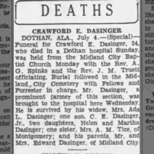 Crawford Dassinger Sr’s obituary. Aunt Ada’s first marriage.