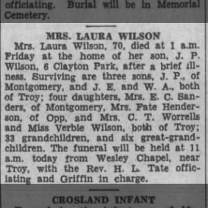 Obituary for LAURA WILSON
