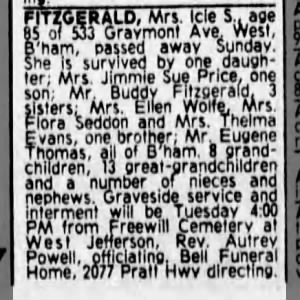 Mrs. Icie Snow Fitzgerald, age 85 of 533 Graymont Ave., W, B'ham