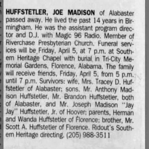 Obituary for JOE HUFFSTETLER MADISON