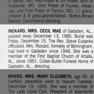 Obituary for MRS CEOL MAE RICKARD