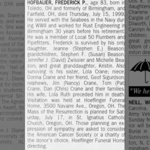 Obituary for FREDERICK P HOFBAUER