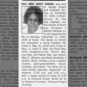 Obituary Nancy Jenkins May, 69